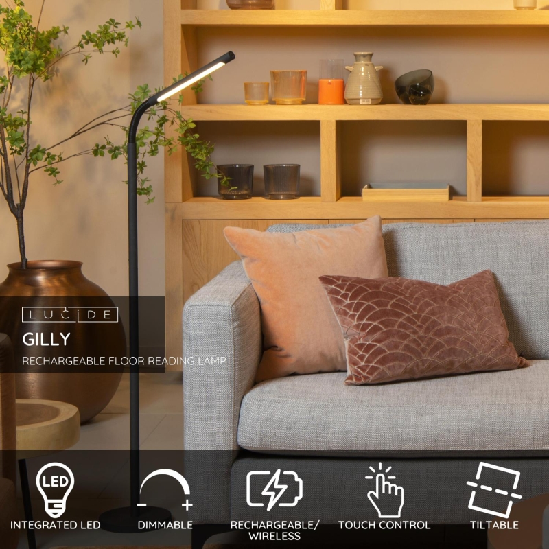 Lucide GILLY - Dobíjacia stojaca lampa na čítanie - Batéria - LED Dim. - 1x3W 2700K - Čierna